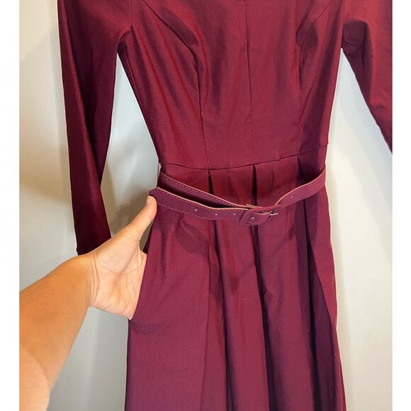NWT ModCloth‎ Belted Dress XXS 1960s maroon Fit n' Flare - Picture 3 of 9